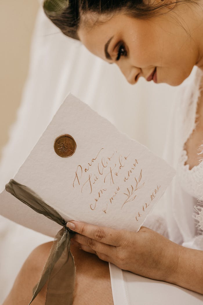 Bride in white lace gown reading an elegant wedding invitation with wax seal.