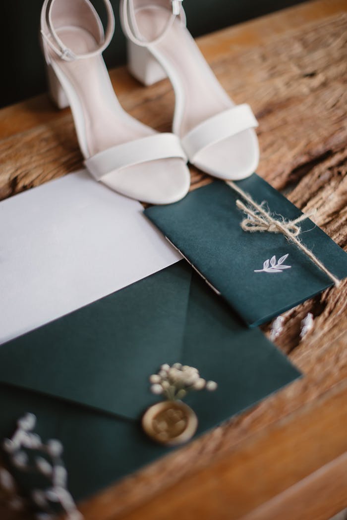 A stylish arrangement of wedding invitations and white bridal shoes on a rustic wooden table.